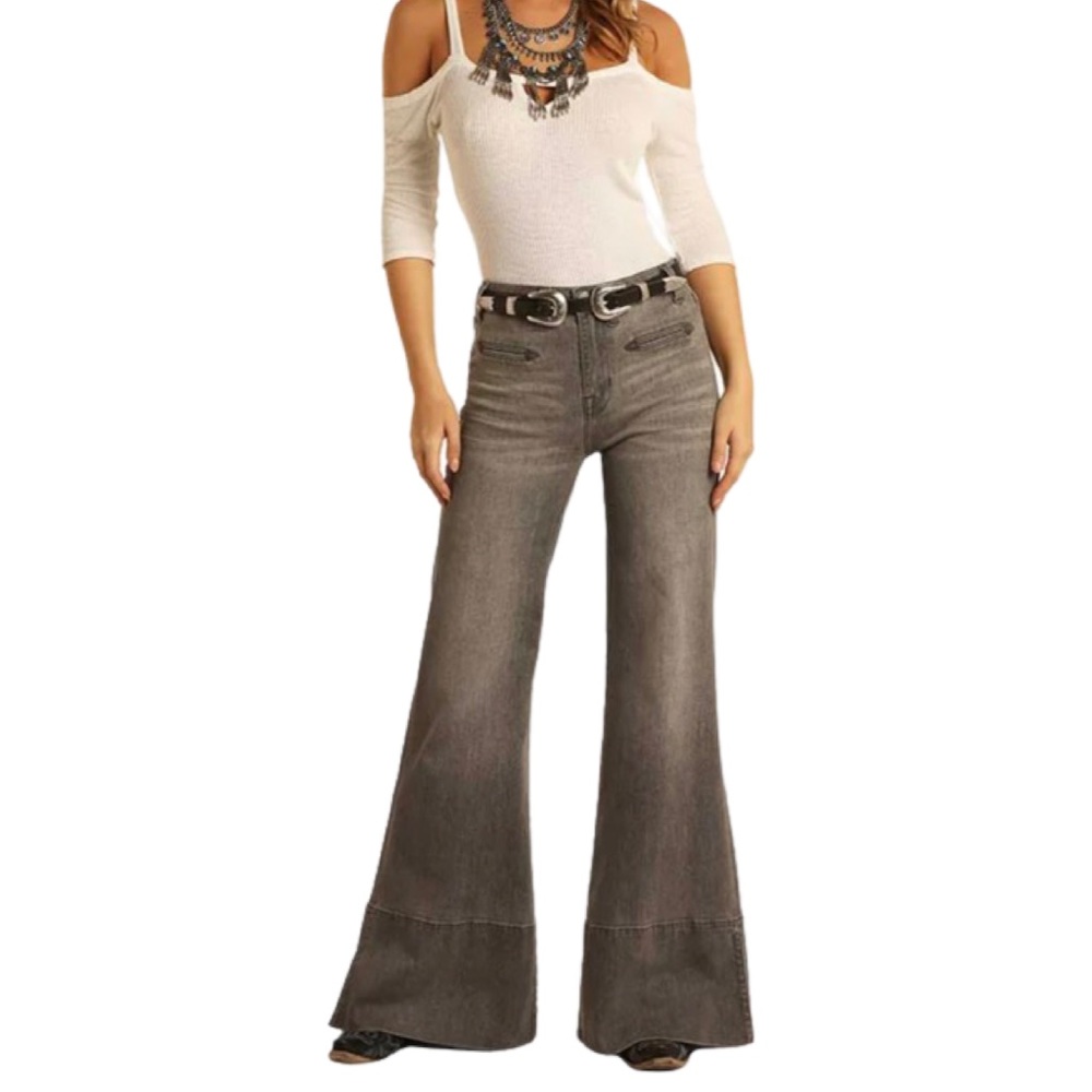 Rock & Roll Cowgirl High Rise Bell Bottom Gray Wash huge bells flared jeans